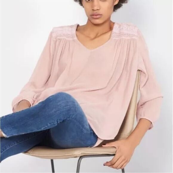 Current Elliott 1 Small The Picnic Top Coral Rose gauze peasant top - Picture 2 of 12